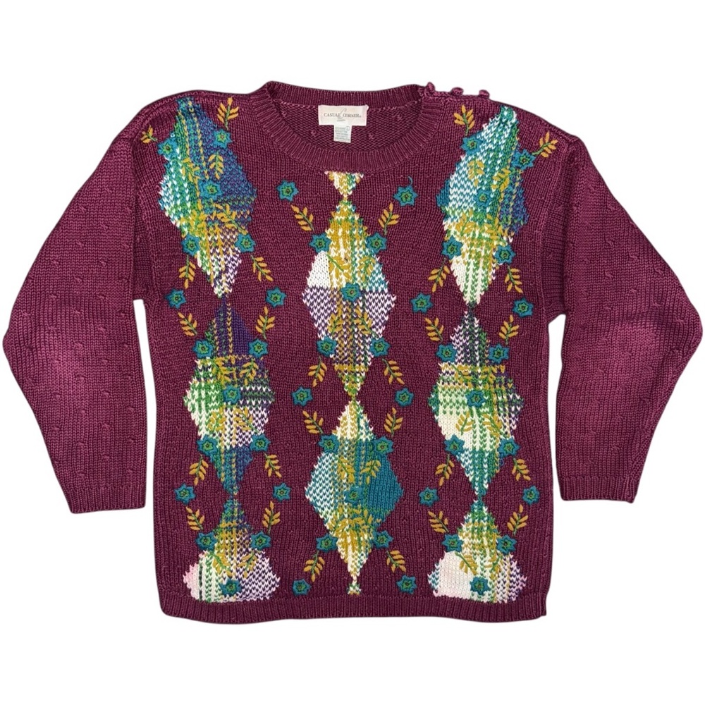 Vintage Casual Corner Floral Knit Sweater Large Burgundy 90s Grandma Cottagecore